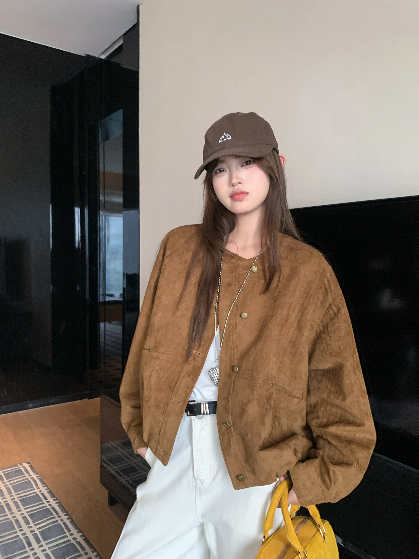 

Retro Suede Jaet ort Outerwear Women's Sle 2025 Autumn New Sweet Cool Simple Match Slimming Top Korean Stand Fit
