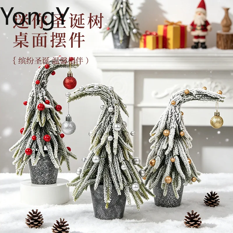 Simulated flocking white snow red fruit wooden base Christmas decorative small tree