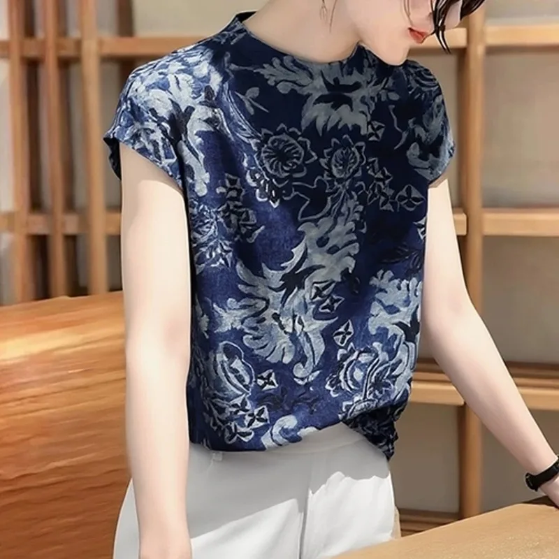 Chinese Style Women's Blouses Vintage  Printed Shirts Fashion Loose O-neck Summer Korean Clothing Sleeveless Women Tops