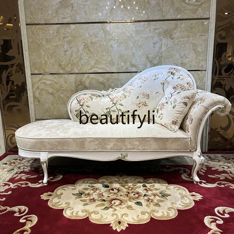 

French fabric embroidery chaise longue bedroom neoclassical solid wood recliner lazy chair2936