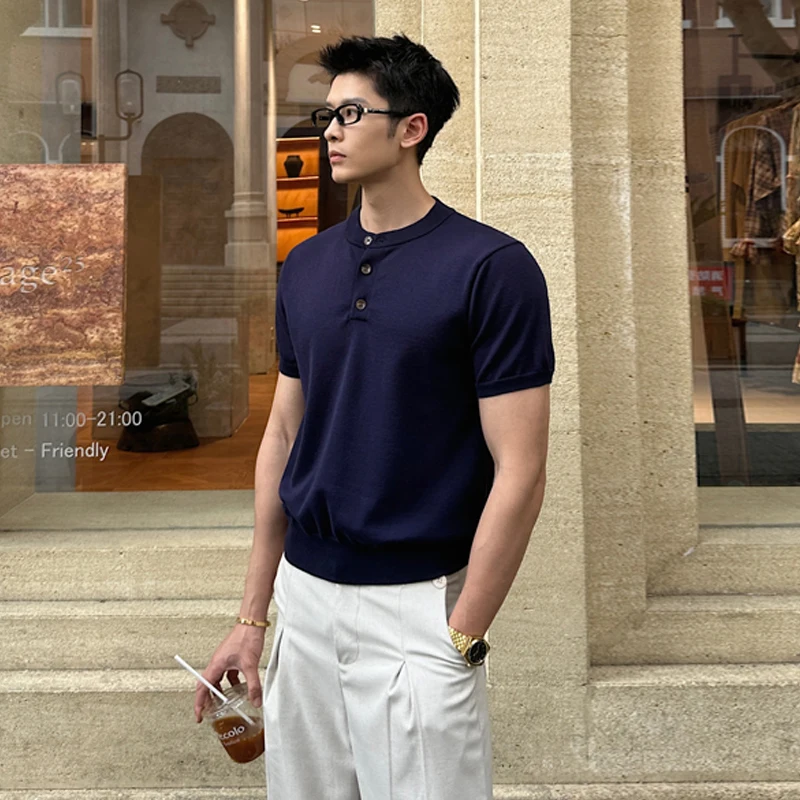 2026 Solid Color Henry Neck Waist Knitted Sweater Short Sleeve For Men's Summer Light Mature Wind Closed Sleeve Elastic T-Shirt