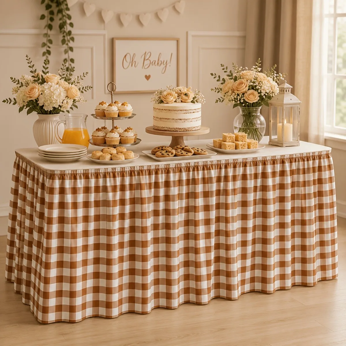1pc Provide a tablecloth and table runner. Brown checkered tablecloth and table runner. Brown checkered theme.zyc