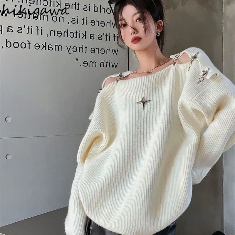 Women Clothing Oversized Pullovers Slash Neck Off Shoulder Long Sleeve Jumper Fashion Knitting Sweater Y2k Tops Sueter Mujer