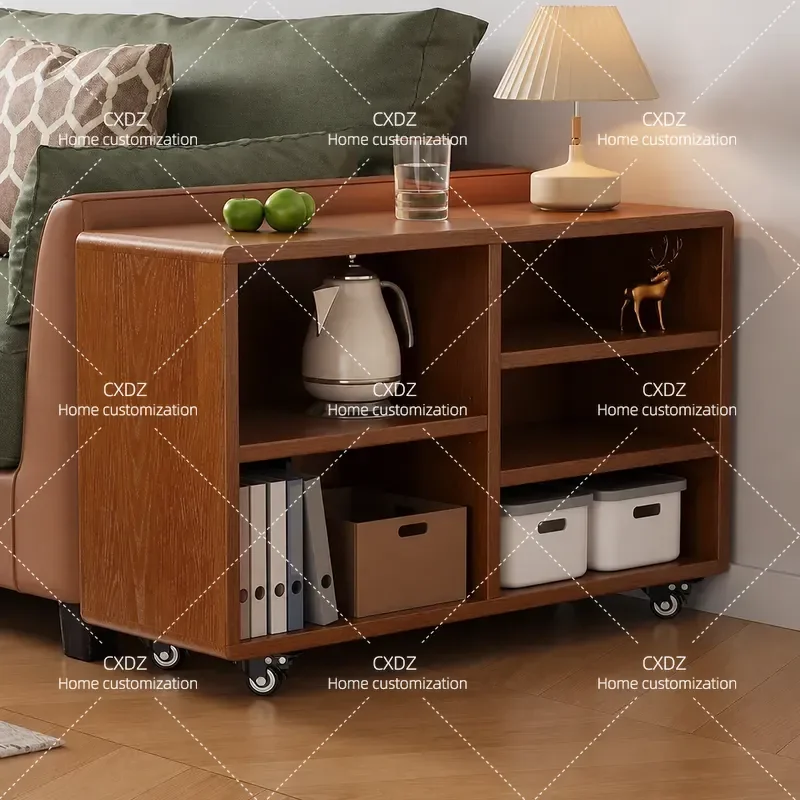 Solid Wood Edge Sofa Side Table with Wheels Movable Snack Rack Simple Corner Multi-functional Coffee Table for Living Room