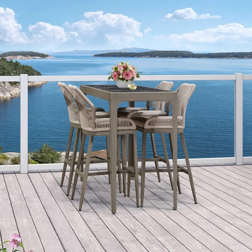 Bar Height Table Retangular Patio Dining Coffee Kitchen Breakfast Bistro Outdoor Pub Bar Table for Garden Balcony, Light Grey