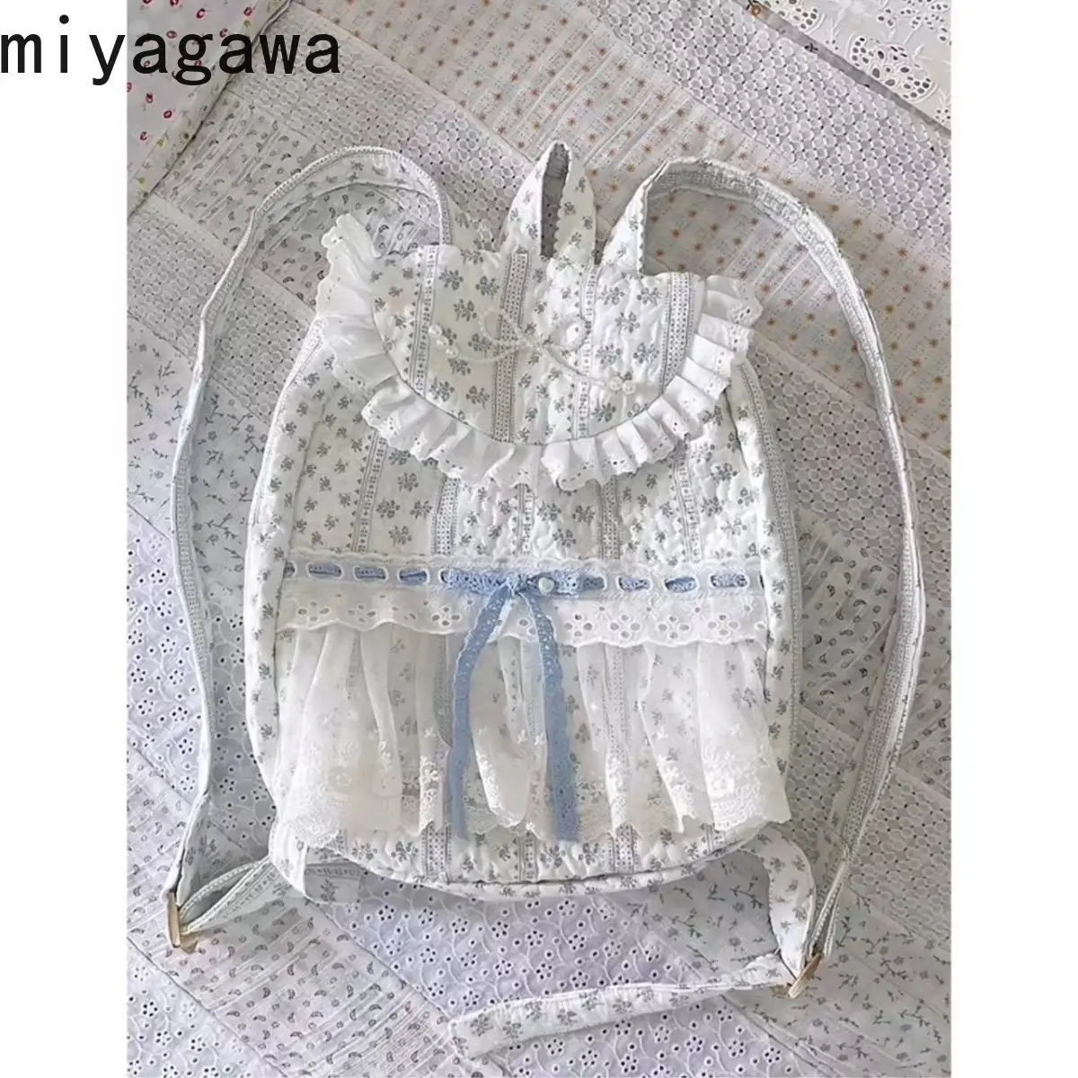 Miyaagwa Handmade Floral Lace Patchwork Pleated Bow Double Shoulder Bag Cloth Bags