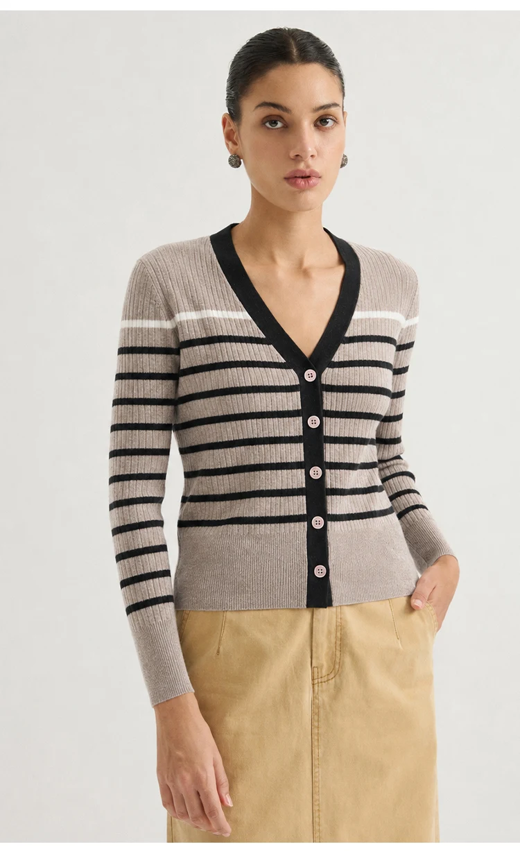 MZ62028 Damen Vintage Gestreifter V-Ausschnitt Gerippter Strick Langarm-Cardigan mit Kontrastbesatz Knopfleiste Modal-Mischung Frühherbst-Pullover – Detail 11