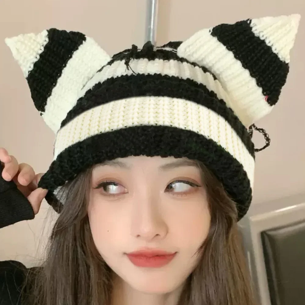 Funny Cat Ear Knitted Wool Hats for Women Hip-hop Design Kpop Hooded Caps Gothic Kawaii Handmade Beanie Personality Bonnet Hat