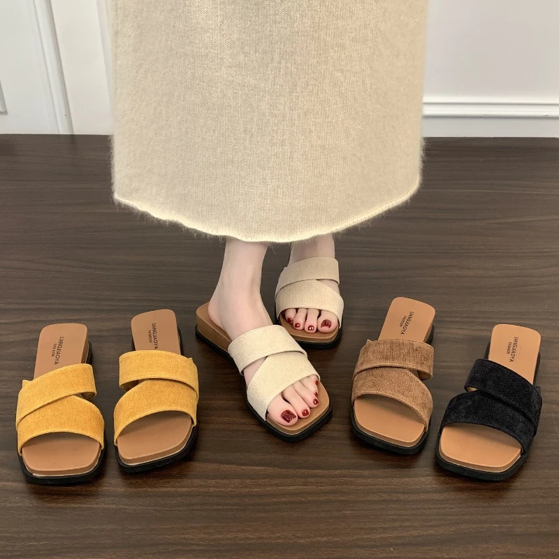 

Linen Double Strap Wedges Heel Women Slippers Square Open Toe Casual Shoes Comfortable Non-slip Summer Beach Vacation Slides