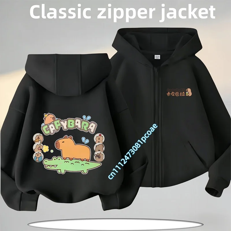 boys, girls' casual top with cartoonish game print Winter and autumn coat Capibara children's zipper-style hooded sweatshirt for