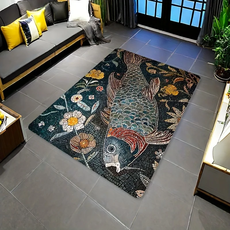 Festive Fish Pattern Rug - Machine Washable Carpet for Bedroom Kitchen Bathroom Entryway, Colorful Home Decor Mat