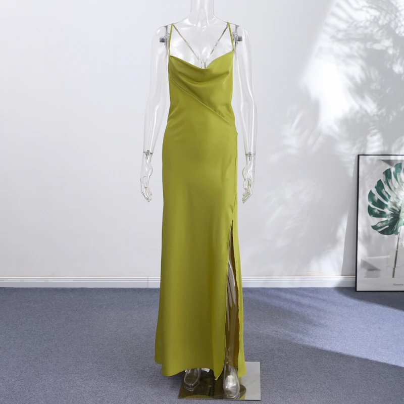 Sexy Women's Satin Solid Long Dress Swing Collar Sleeveless Backless Spaghetti Strap Slit Dresses 2026 Summer Evening Lady Robes