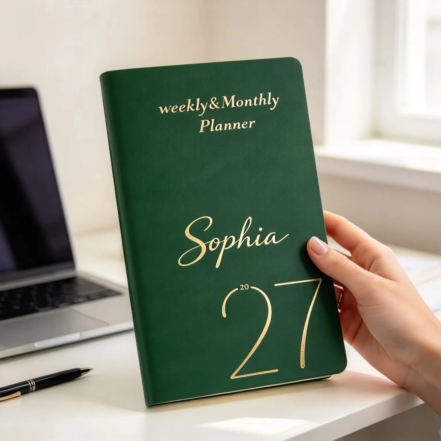 Custom Name 2027 Weekly Monthly Planner Green PU Leather Gold Foil Notebook Personalized Journal Diary Office School Gift