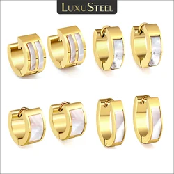 LUXUSTEEL Punk Rock White Shell Stainless Steel Hoop Earrings for Women Men Golden Plated Silver Color Round Circle Clip Earring