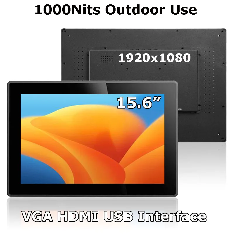 15.6 Inch 1000 Nits Outdoor Sunlight Readable HD 1920*1080 PCAP Capacitive Touch Screen Monitor With VGA HDMI USB Interface