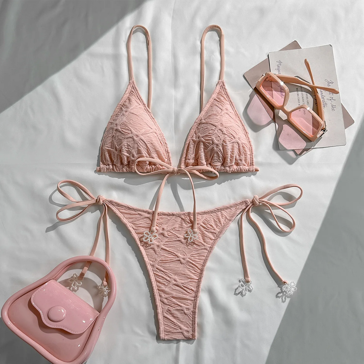 

sexy plaid micro bikinis sets two pieces halter tie beads pendant swimsuit Swimwear conjunto de bikini tankini beachwear biquini