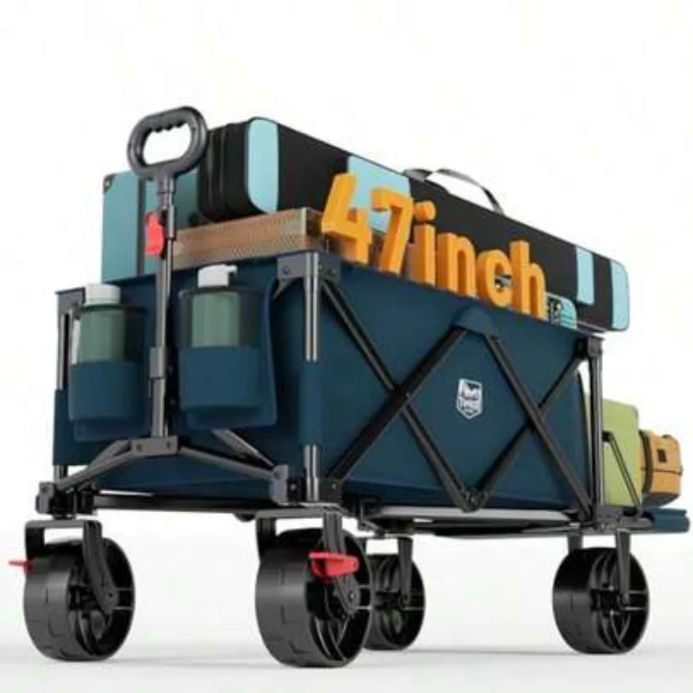 47 Inch Long Collapsible Wagon with Tailgate and Locking Brake, 300 Lbs Heavy Duty Folding Utility Cart for Beach Camping Sports Shopping Gardening, 250L Large Capacity All Terrain Big Wheels, Compact Storage No Assembly Required, Blue