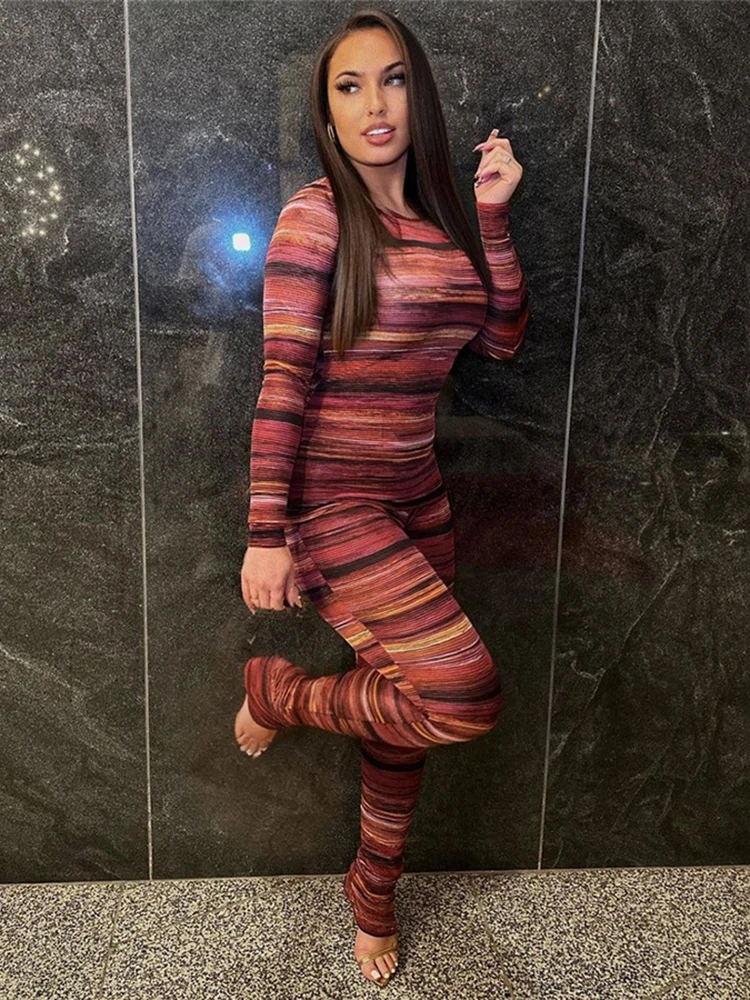 CUtenew カジュアル カラフル ストライプ 2 ピース セット 女性スポーティー秋クロップトップス + レギンスマッチングタイトストレッチトラックスーツストリートウェア