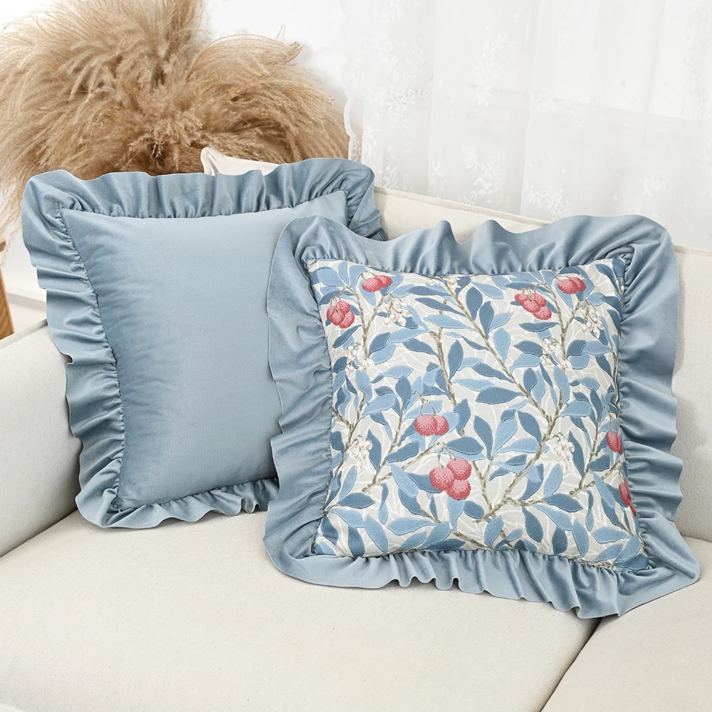 BUYNOW GreenBlue Flowers Jacquard Hollandaise Lace Pillowcase Vintage Pastoral Living Room Sofa Cushion Cover Home Bedroom Decor