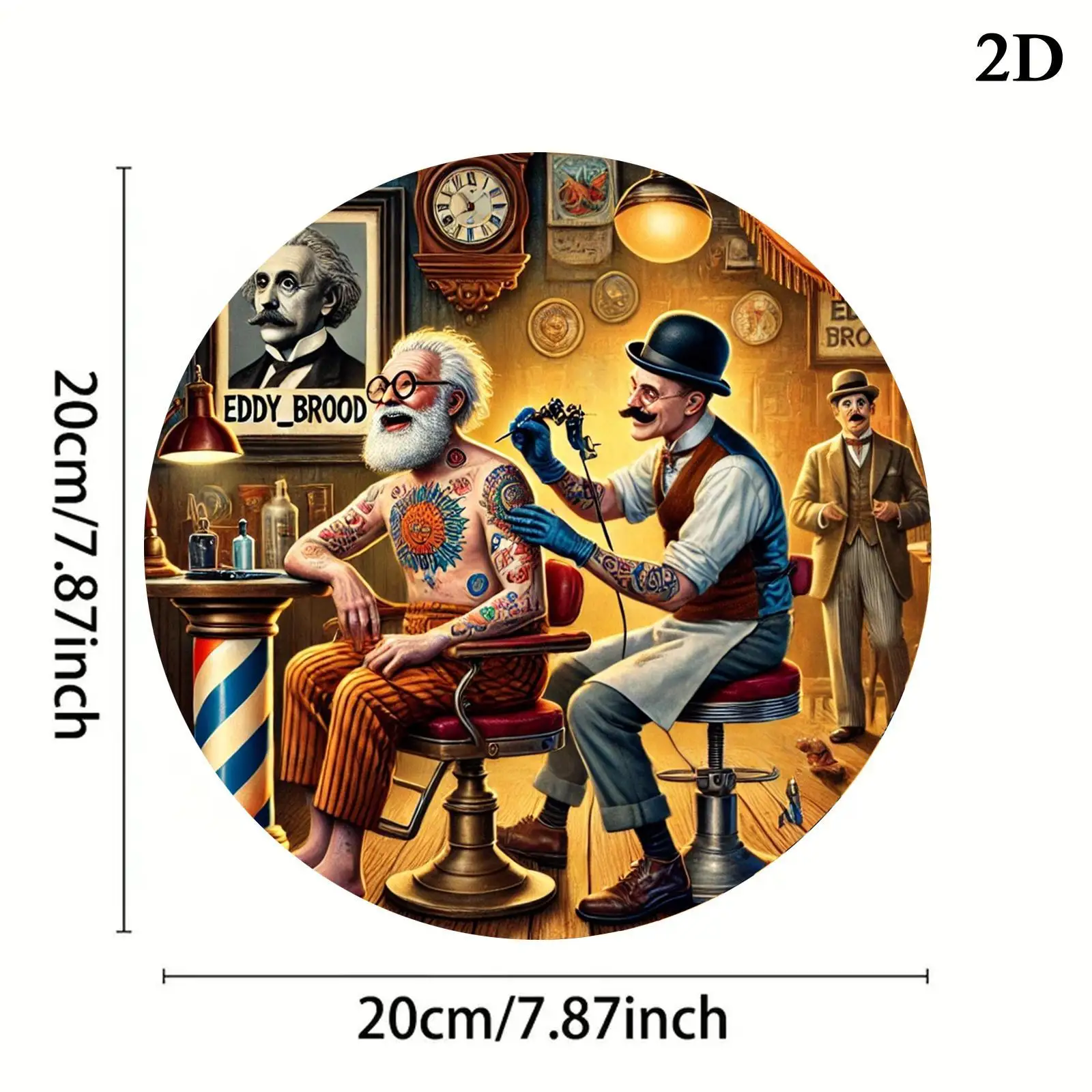 Vintage Tattoo Barber Shop Illustration 2D Round Metal Tin Sign 20x20cm Old Fashion Salon Iron Plaque Man Cave Garage Wall Decor