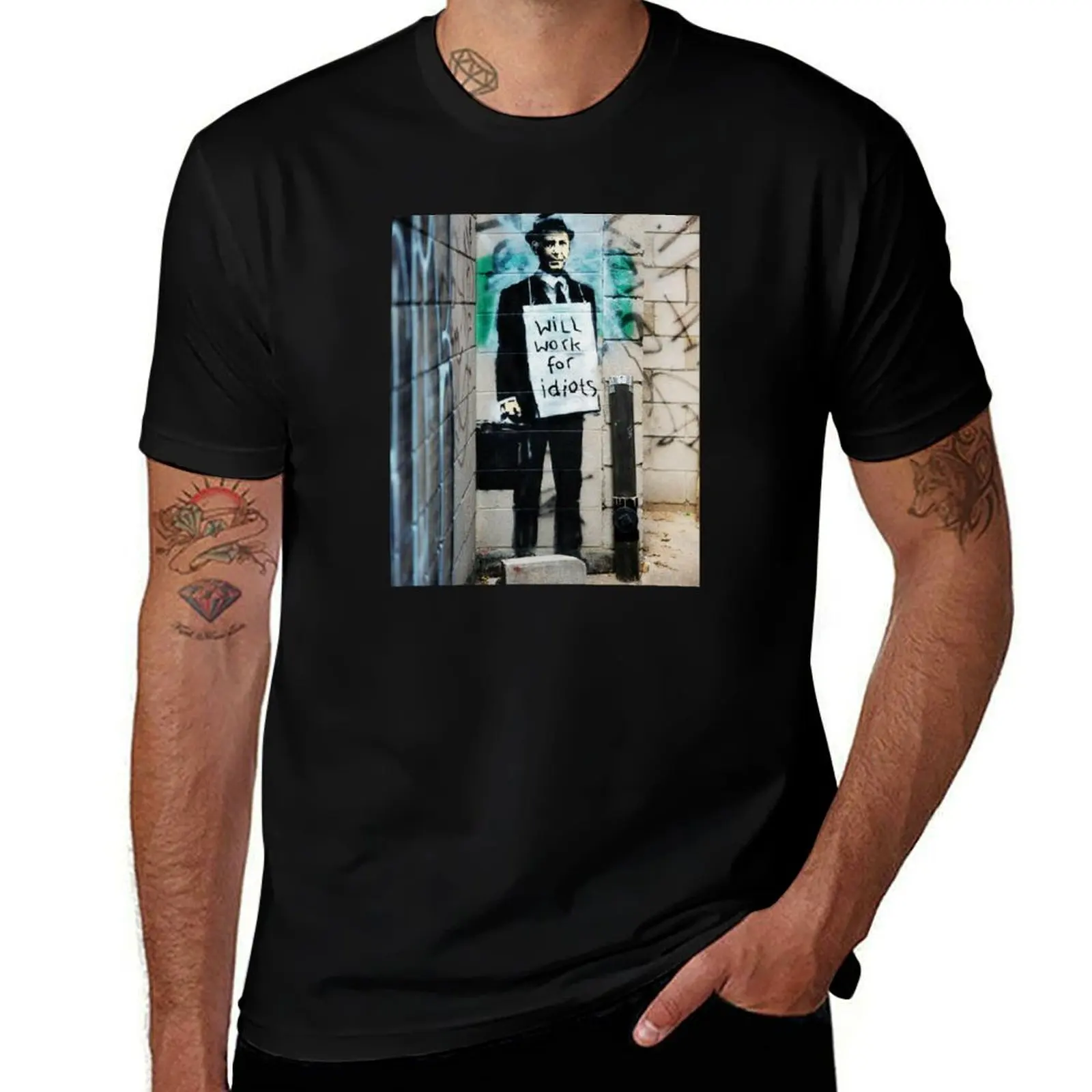 Banksy Will Work For Idiots T-Shirt Art Pattern Printed Casual Top T-Shirt