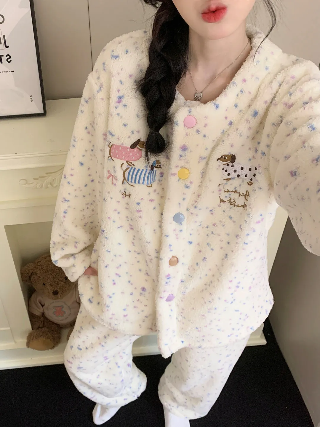 Winter Thickened Coral Fleece Padded Sleepwear Set with Cute Sausage Dog Embroidery Soft Warm Home Clothes for Women 2026 New...