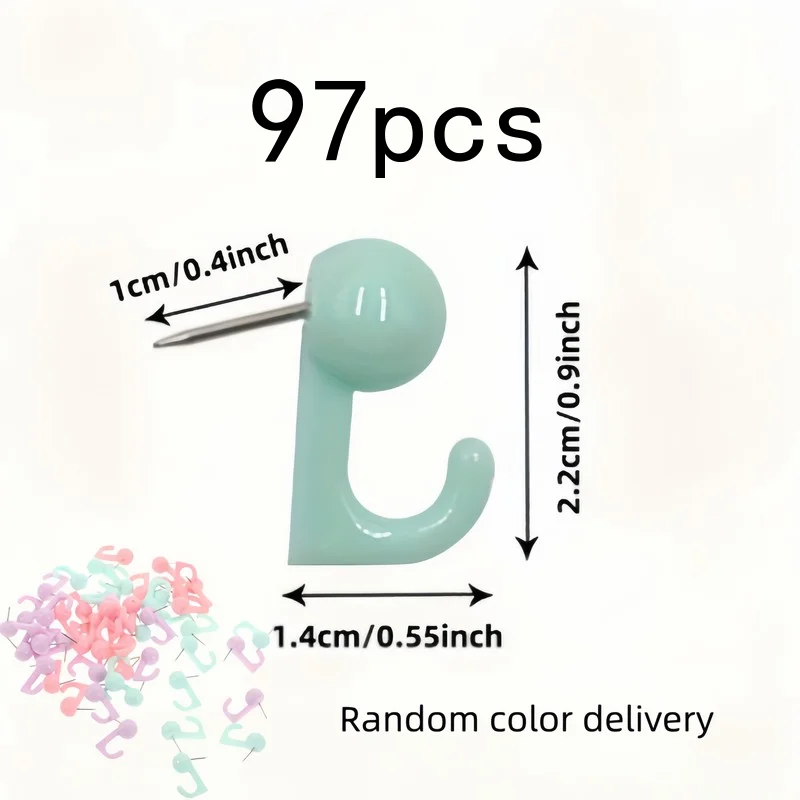 97 pcs Random Color Push Pin Hooks, Easy to Install, for Corkboards, Bulletin Boards, Photo Walls and Calendars