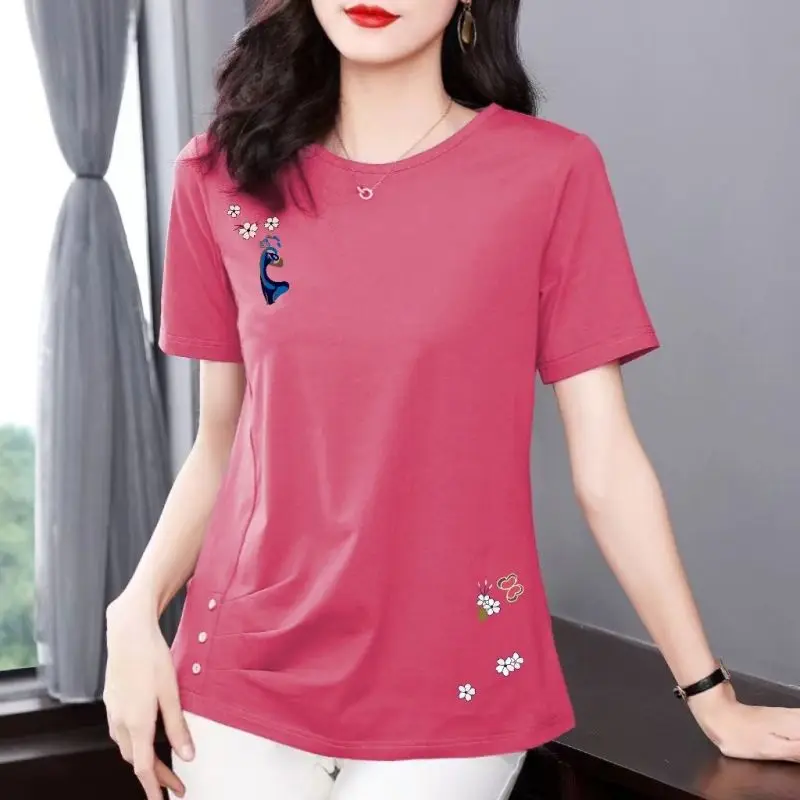 Women\'s T-shirt Round Neck Short Sleeve Summer 2023 New Cotton Simple Casual Fashion Versatile Folds Graphic Printing Tops