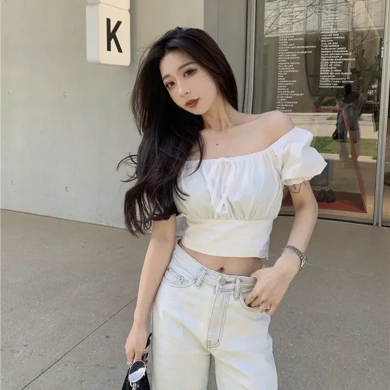 2025 Fashion New Pearl Chain Shirt Women Summer French Bow Backless White Blouse Sweet Puff Sleeve Crop Top Female