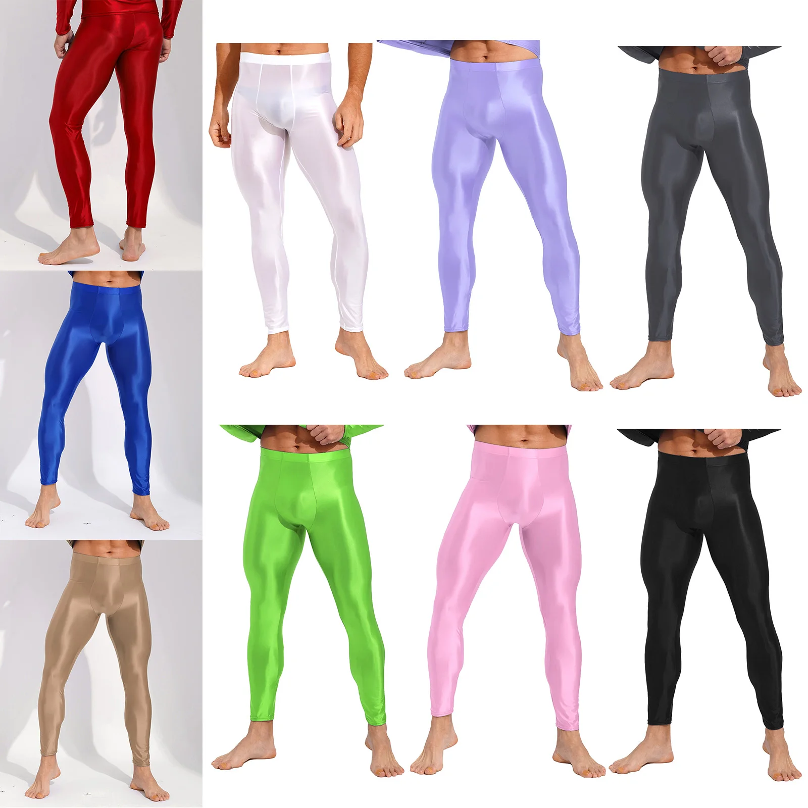 Men's Glossy Oil Tights Long Pants Skinny Leg Trousers Underwear Solid Color Leggings for Exercise Running Gym Fitness Workout