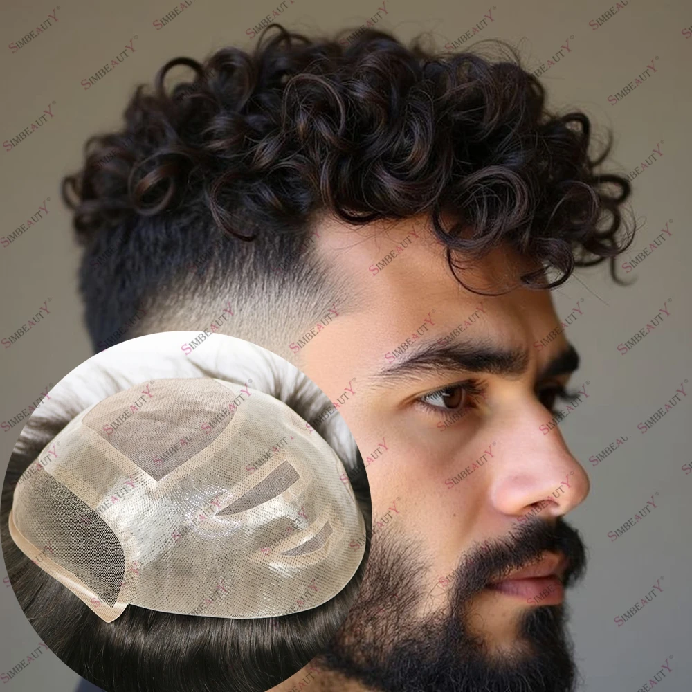 

Кружевная передняя часть натуральных волос, 100% человеческие волосы, мужские 20 мм вьющиеся волосы, парик, капиллярный протез, дышащие прочные шиньоны, парик