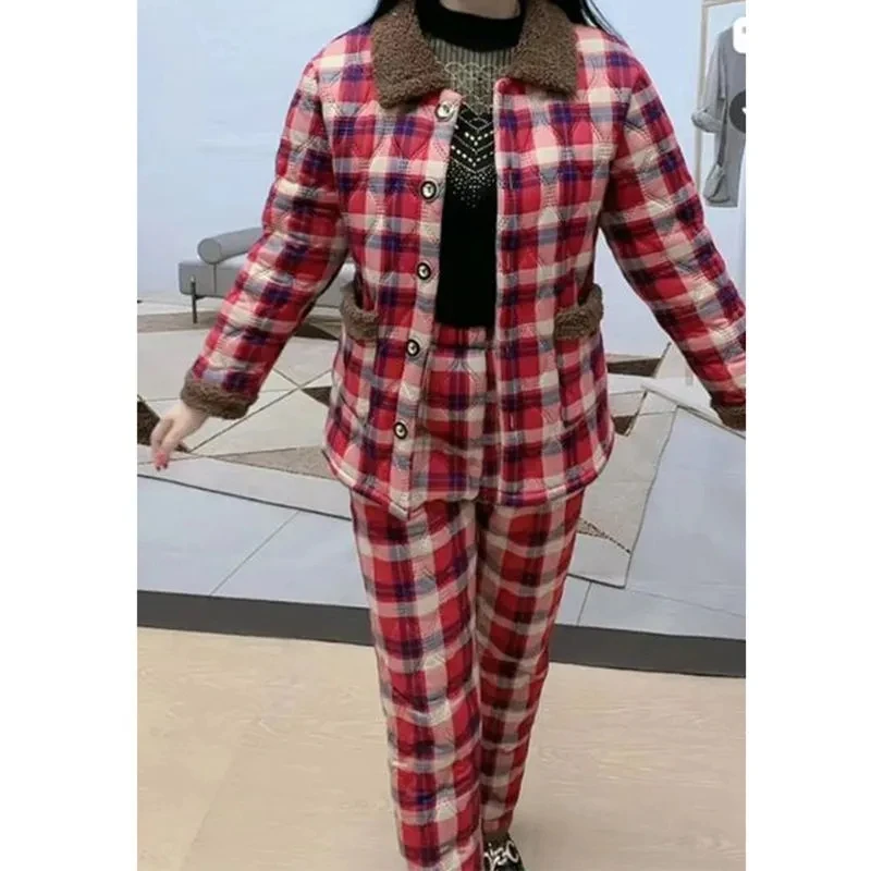 Single Piece/Suit Plaid Winter New Plush Cotton Jacket Warm Cotton Pants Suit Mother\'s Loose And Slim Cotton Suit Two-Piece Set