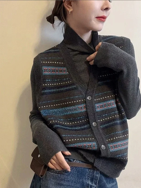 Retro Striped Knitted Cardigan Women's V-neck Button Base Layer Top Versatile Layering Shirt Autumn New Style Commute Style