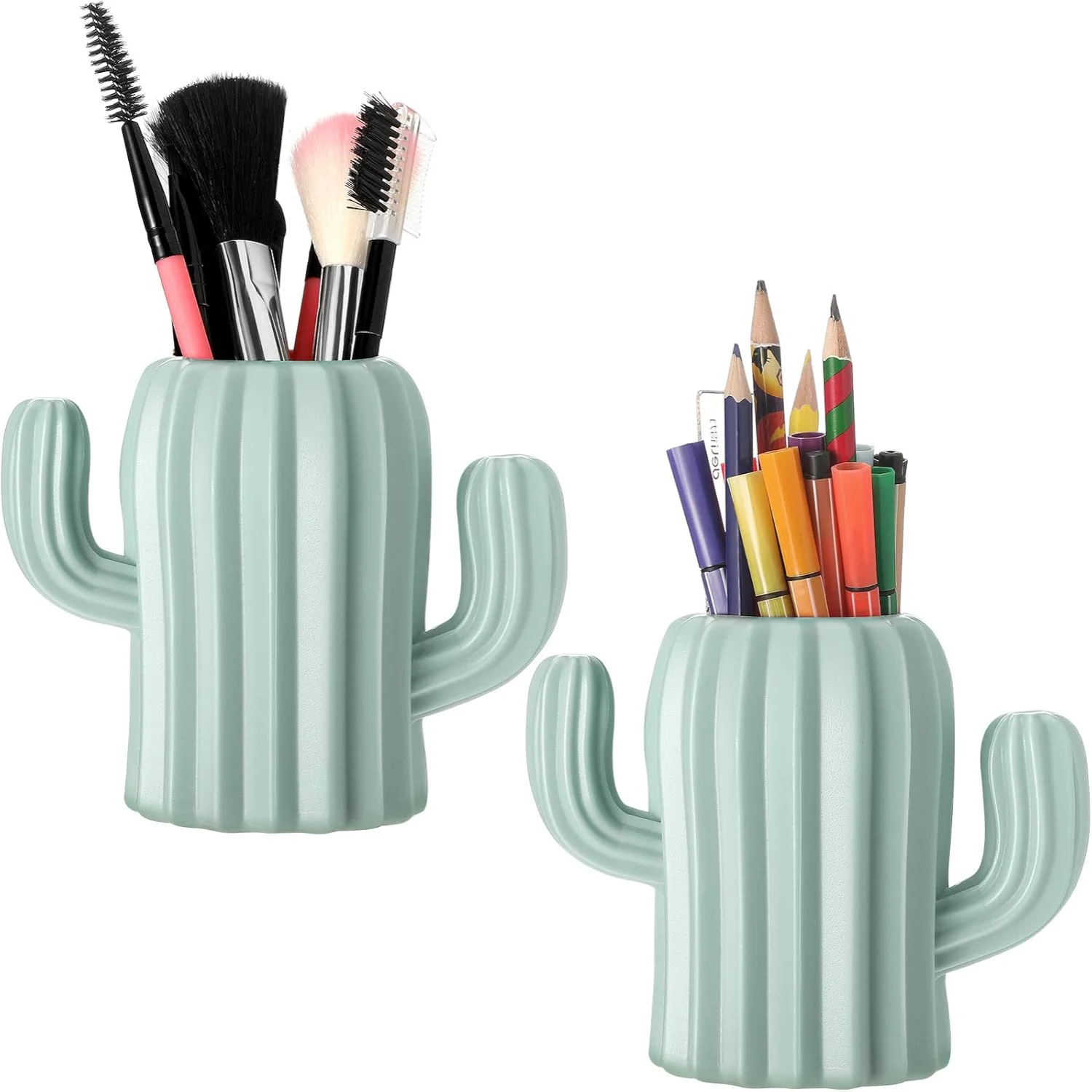 2 Pieces Cactus Pen Holder Cactus Pen Pencil Container Desktop Supplies Pen Cups Cosmetic Makeup Brush Holder for Student Multif