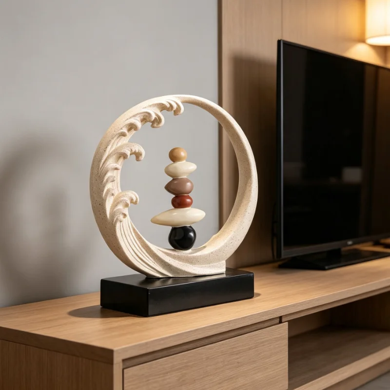 Beige Wave Circle With Stacked Stones Sculpture Modern Zen Home Decor Figurine For Living Room Shelf Office Art Ornament