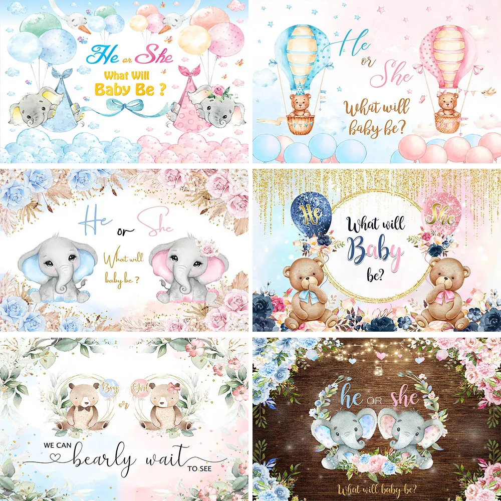 

Mocsicka Gender Reveal Backdrop Elephant Bear He or She Boy or Girl Baby Shower Background Party Decor Banner Photography Props