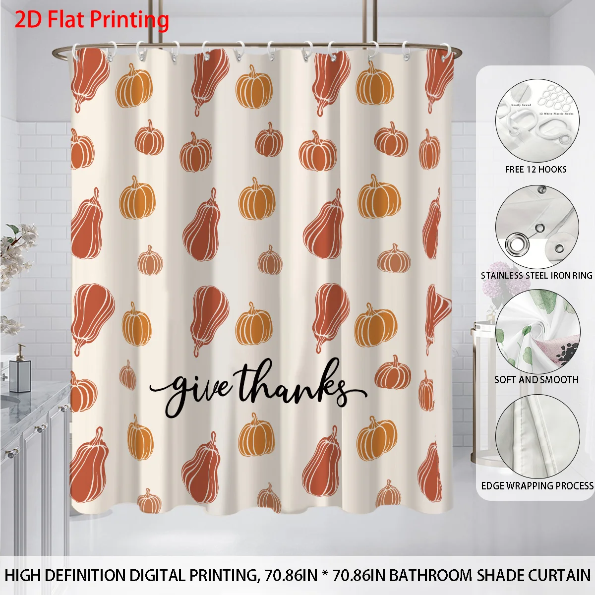 

1pc Autumn Harvest Festival Pumpkin Print Waterproof Shower Privacy Hanging Curtain with 12 Hooks Multiple Size Machine Washable