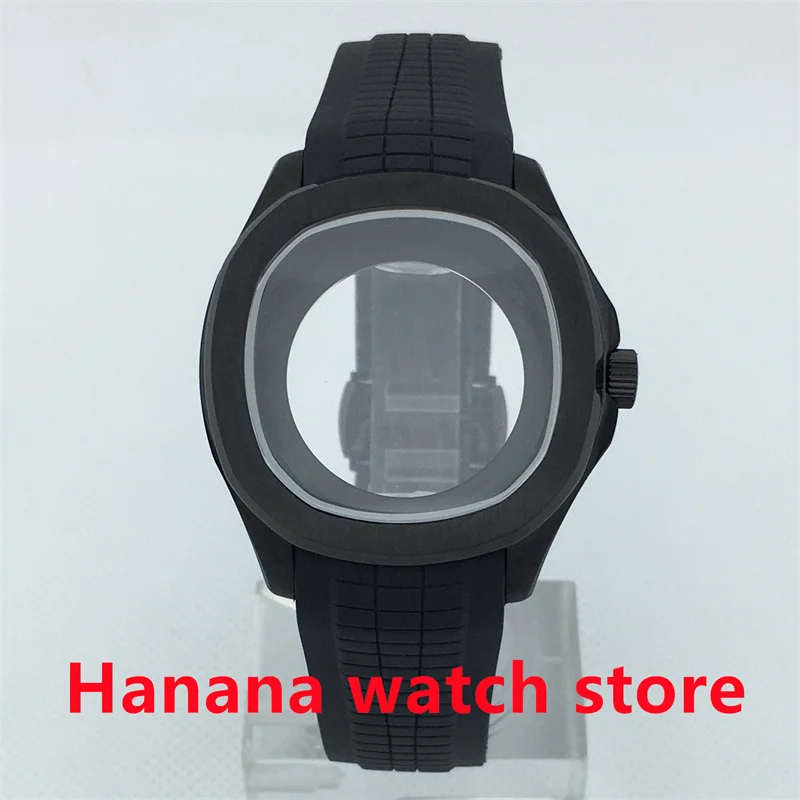 BLIGER 40 مللي متر ساعة رجالي مربعة حافظة PVD أسود حافظة ياقوت زجاج ساعة بحزام مطّاطي زجاج خلفي غطاء ل NH35 NH36 PT5000 حركة
