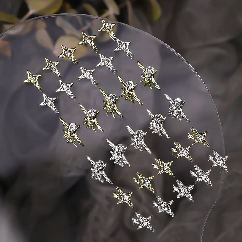 10pcs Gold/Silver 3D Star Nail Charms Hollow out Gems Crystal Decoration for Manicure DIY Shinny Starlight Y2K Supplies Parts