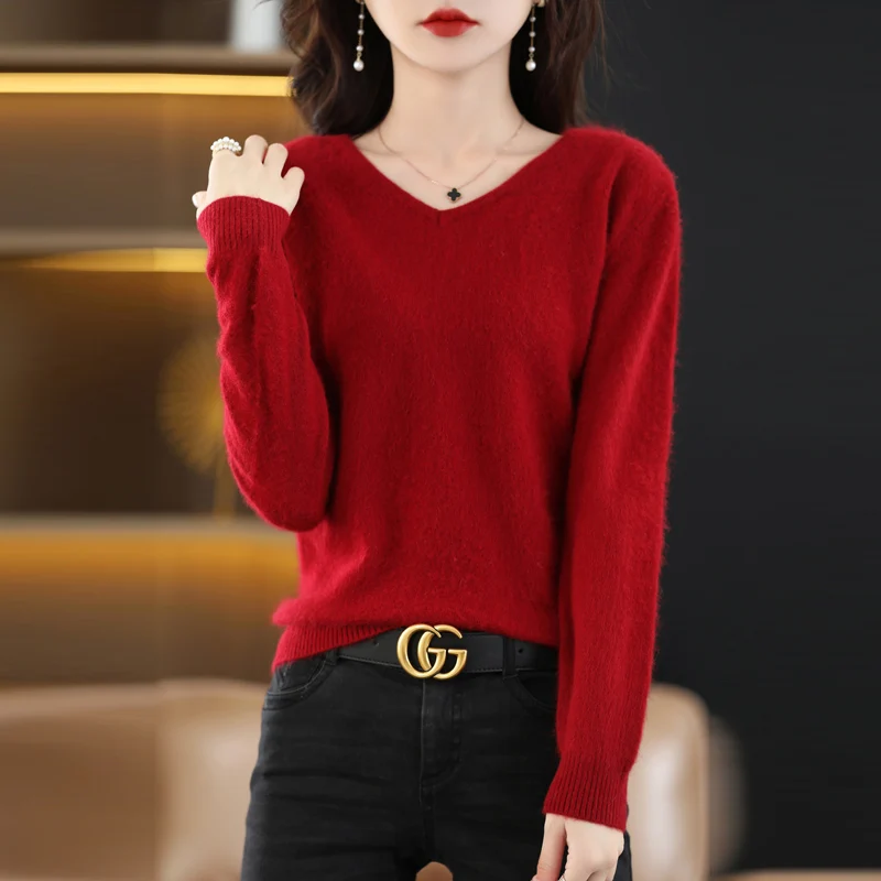 BELIARST 2024 Autumn Winter New Women\'s Clothing Sweater 100% Mink Cashmere Velvet V-Neck Pullover Knitted Large Size Tops