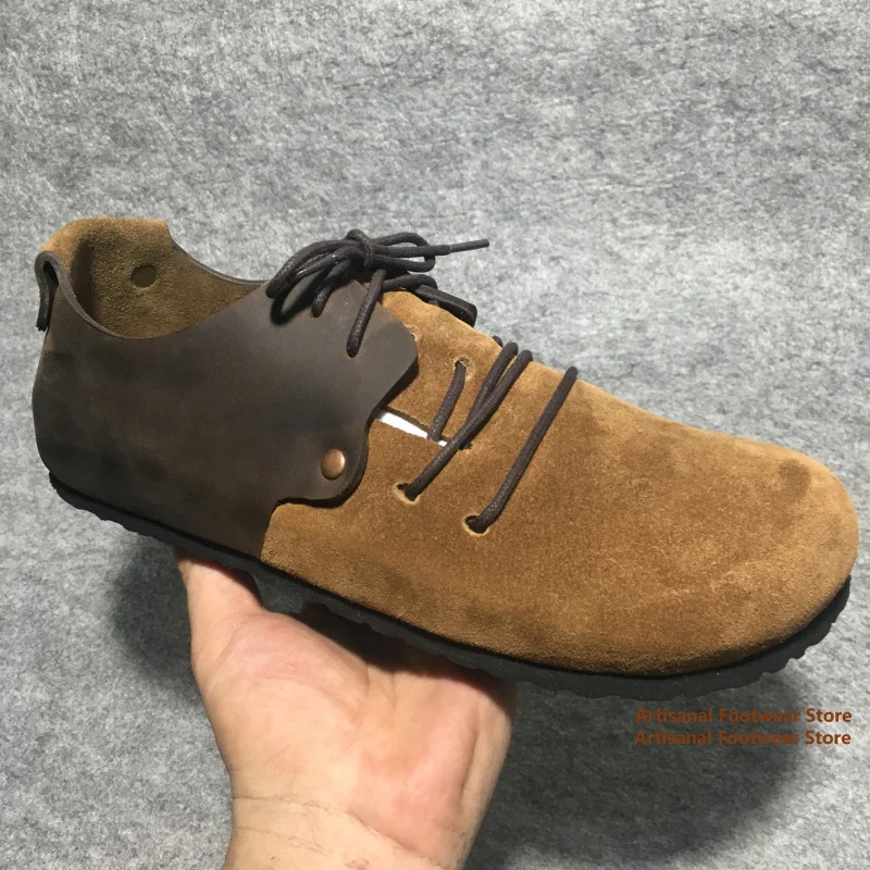 

Men's Brown Suede & Leather Lace-Up Casual Shoes Cowhide Single Shoes Color Blocked Lace Up Flat Casual Shoes Trendy Men's Shoes
