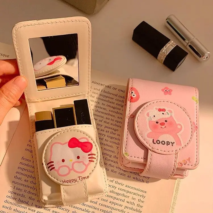 Sanrio Hello Kitty Lipstick Organizer Bag Portable Cosmetic Case with Mirror Hellokitty Anime Makeup Storage Girlfriend Gifts