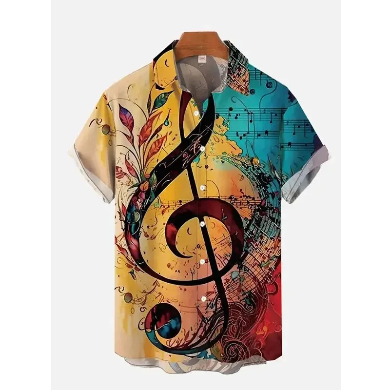 Roupas de camisa masculina havaiana, guitarra musical, roupas masculinas impressas em 3D, moda de praia diária de verão de manga curta, listra grande