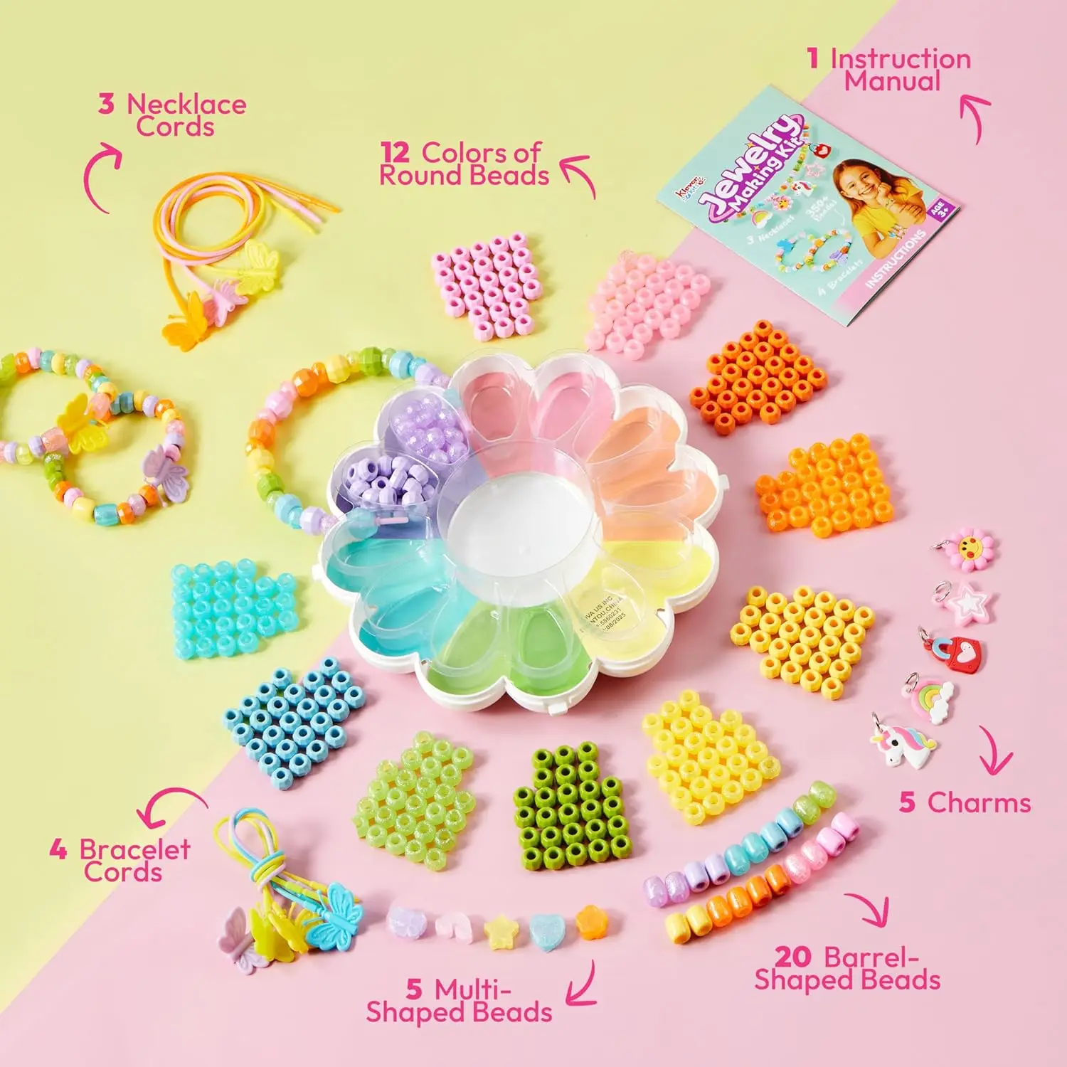 JOYFY Kit de fabricación de joyas para niños, kit de fabricación de pulseras con más de 350 cuentas de colores, estuche en forma de flor para niñas de más de 3 años, regalos artesanales