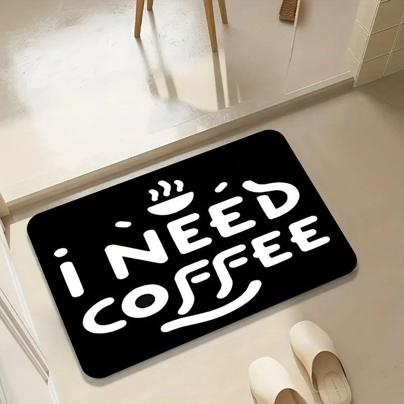 “I NEED COFFEE” Doormat White Bold Text  Steam Icon on Black, Soft Plush, Non-Slip, Machine Washable, Entryway Kitchen Bathroom