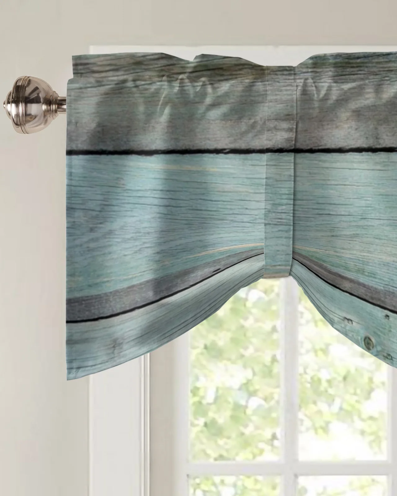 Wood Plank Retro Style Window Curtain Kitchen Cabinet Coffee Tie-Up Valance Curtain Rod Pocket Short Curtain