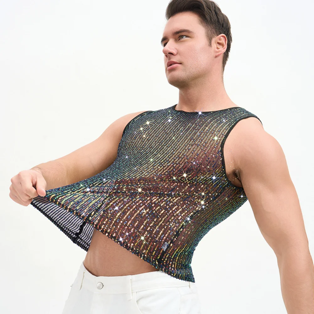 Sequin Embellished Sequin Tank Top Sheer Mesh Iridescent Shine Sparkle Party Top Sleeveless Round Neck Sleeveless Shirt