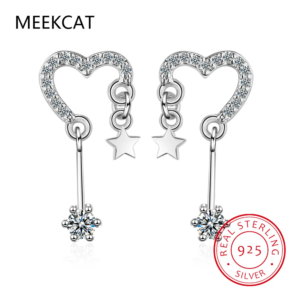 Real 925 Sterling Silver Romantic Heart Shine CZ Stud Earrings Brincos de Prata For Women Children Baby Girls Jewelry DA2501