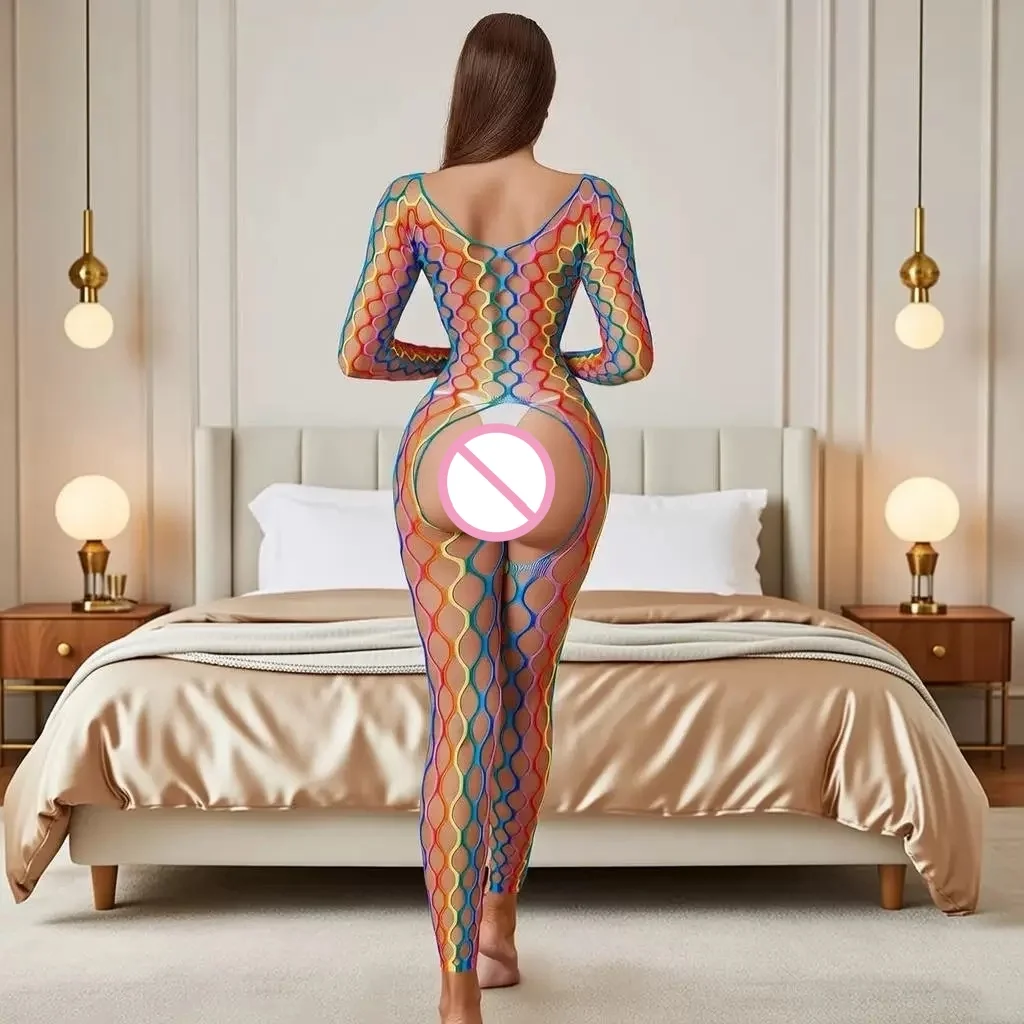 Women's Sexy Rainbow Fishnet Bodysuit - Long Sleeve Sheer See-Through Lingerie, Open Crotch , Erotic Mesh Clubwear view 4
