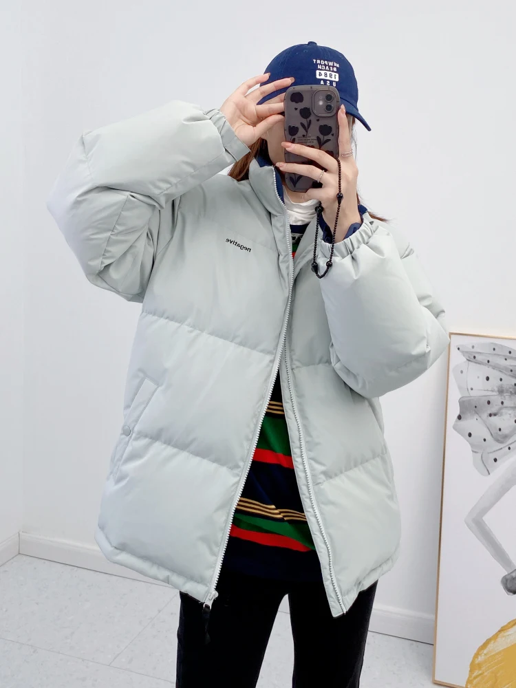 Jaqueta puffer casual para mulheres, gola curta, casaco quente e espessado branco para baixo, casaco à prova de vento, solto, novo, 2024